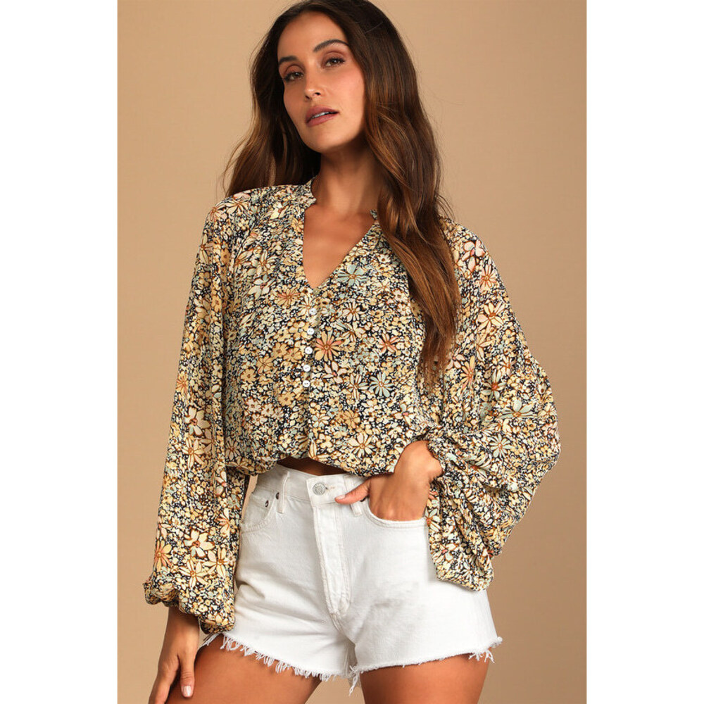 Lulus Season Of Blooms Cream Multi Floral Print Balloon Sleeve Top Beige